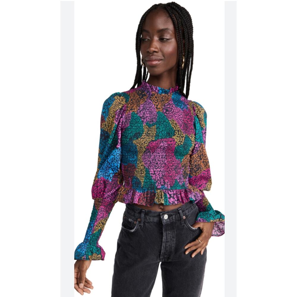 Farm Rio Rainbow Mix Smocked Crop Top Women's Medium Bishop Sleeves Ruffled